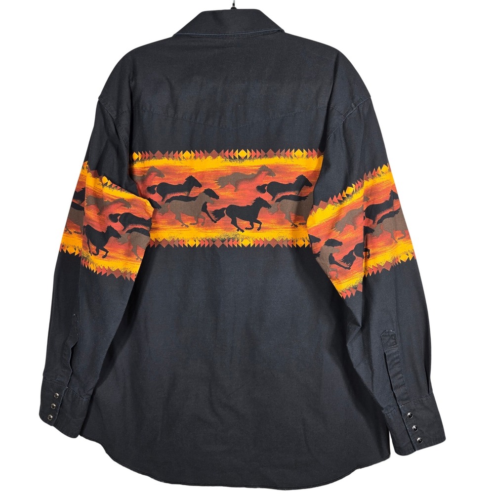 Vintage 90s Wrangler Western Shirt Men Large Black Wild Horse Graphic Pearl Snap - Picture 8 of 11